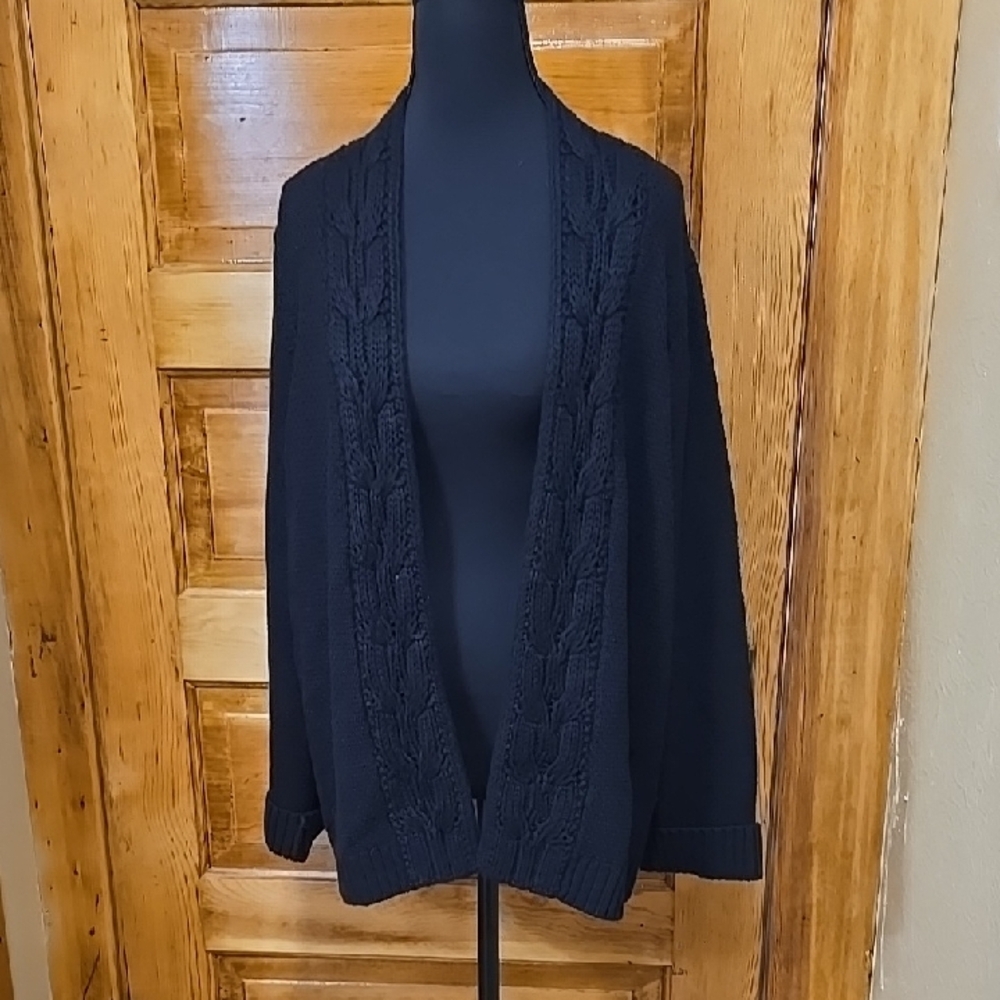 Talbots Cottagecore Black Long Sleeve Open Front Cable Knit Cardigan XL